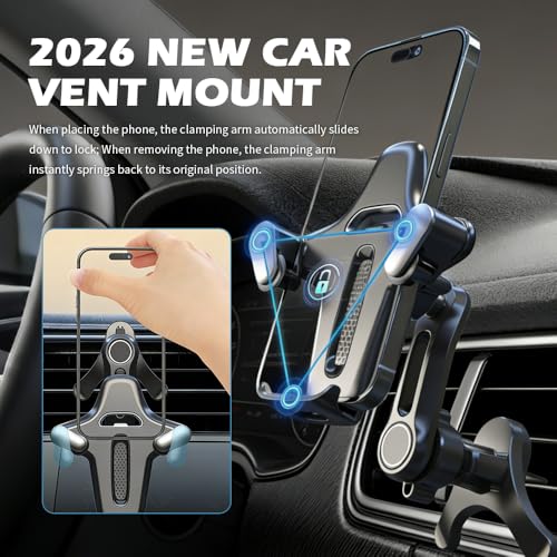 2026 Upgraded Car Vent Phone Mount,360° Rotatable & Retractable Air Vent Phone Holder for Car Fit 4.7-7.2" Phones,Universal Cars Phones Holder Vents for Horizontal/Vertical Vents