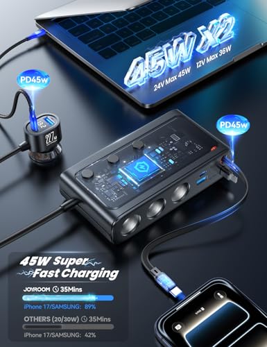 JOYROOM 9 in 1 Cigarette Lighter Splitter, 227W Dual Retractable Car Charger - 45W/24V(36W/12V) USB C Fast Charger for iPhone 17/Samsung, Independent Switches Cigarette Lighter Adapter for Car Devices