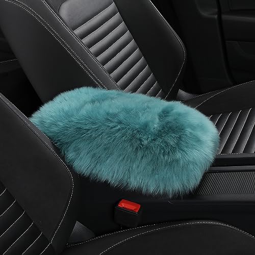 Genuine Sheepskin Center Console Cover Pad Genuine Furry Fluffy Wool Fur Car Armrest Cover Protector Universal Fit for SUV/Truck/Car - color: Long Wool-Light Green