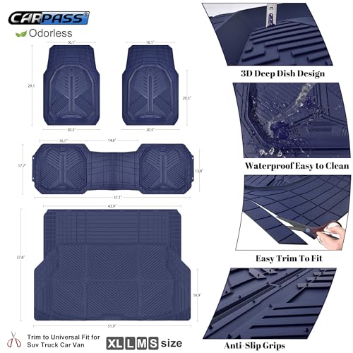 CAR PASS Heavy Duty Rubber Car Mats with Cargo Liner, Deep-Dish Car Floor Mats and Trunk Mat All Weather, Universal Trim-to-Fit for SUVs Trucks Sedans, Waterproof Anti-Slip, Trimmable V12 Blue - color: Blue Full Set