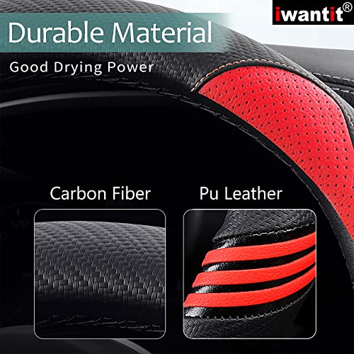 Iwantit® Premium Grip Steering Wheel Cover with Anti-Slip Rubber Ring, Made of Carbon Fiber & Breathable PU Leather, Universal Fit for 14.5-15 Inch Car and SUV (Passion Red) - color: 003-Passion Red