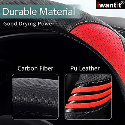 Iwantit® Premium Grip Steering Wheel Cover with Anti-Slip Rubber Ring, Made of Carbon Fiber & Breathable PU Leather, Universal Fit for 14.5-15 Inch Car and SUV (Passion Red) - color: 003-Passion Red