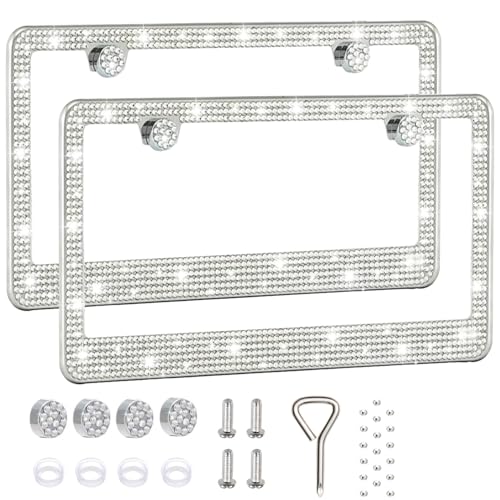 2 Pack License Plate Frames for Women, Sparkly Rhinestone Diamond Car Accessories with Glitter Crystal Caps (White (2PCS)) - color: White (2PCS)