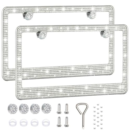 2 Pack License Plate Frames for Women, Sparkly Rhinestone Diamond Car Accessories with Glitter Crystal Caps (White (2PCS)) - color: White (2PCS)