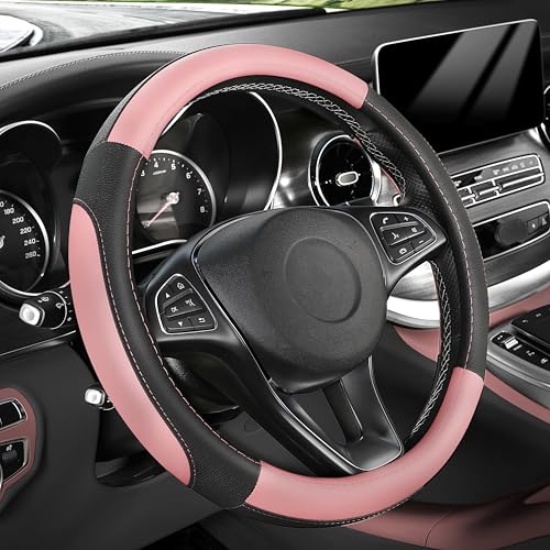 SEG Direct Steering Wheel Cover for Car, Standard Size 14.5-15 inch, Auto Interior Accessories, Black and Pink - color: Black and Pink, size: Standard size[14 1/2''-15'']