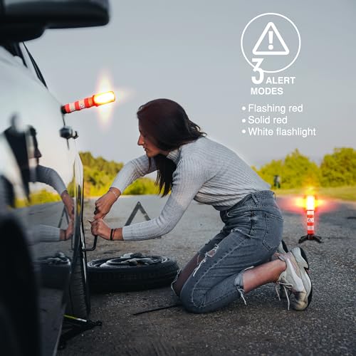 XTREME STP LED Road Flares, 3 Alert Lighting Modes: Flashing Red, Solid Red & White Flashlight, Emergency Flares for Vehicles, Visible From Up To A Mile, Foldable Stand/Built-In Magnet Sticks To Car - size: 2 Pack