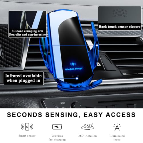 Wireless Car Charger, 15W Fast Charging Air Vent Mount Auto-Clamping Phone Holder, Automotive Electric Induction Charger 360° Rotating Magnetic Vent Mount Bracket for Smartphones (Blue) - color: Blue