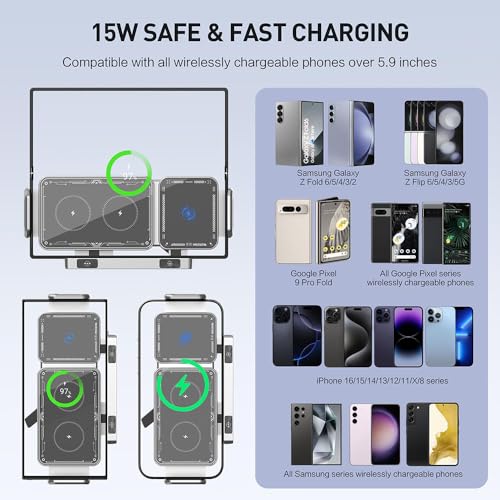 Famous Tech Shop Wireless Car Charger Mount 15W Fast Charging Phone Holder with Auto Rotation, Dual Mount Dashboard and Windshield Car Phone Holder for iPhone and Android