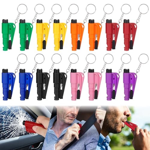 PIFOOG 16 Pcs Car Window Breaker Keychain 3-in-1 Emergency Escape Tool Glass Breakers Seatbelt Cutter Rescue Whistle Mini Compact Auto Safety Survival Tools 8 Colors - color: 16 PCS