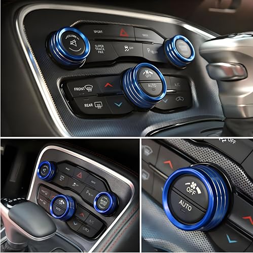 Air Conditioner Switch Button Knob Cover, Car Interior Accessories Radio Volume Control Knob, Aluminum Alloy Trim Rings Compatible with Dodge Challenger Durango 2015-2022 (Blue) - color: Blue