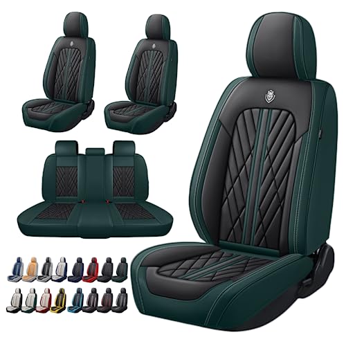 Universal Fit Waterproof Breathable Nappa Leather Automotive Vehicle Car Seat Covers Set Cushion Protector for Sedan SUV - color: Black Green, size: Full Set 5 Seats