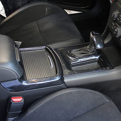 crosselec Carbon Fiber Central Control AC Gear Shift Cup Holder Headlight Switch Button Panel Cover Trim 5pcs for Dodge Charger 2015-2022 - color: black 5pcs
