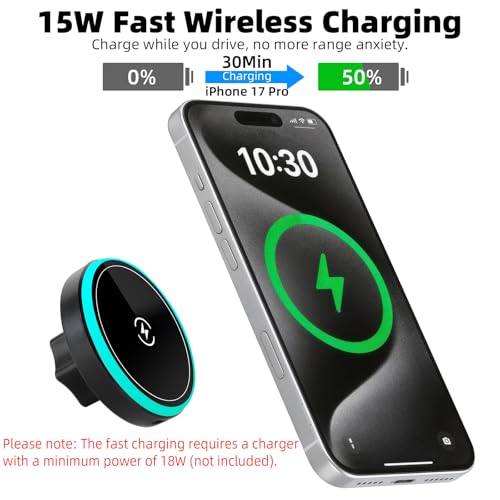 15W Magnetic Wireless Charging Phone Holder with 17mm Ball Socket for MagSafe, Universal Replacement for Car Air Vent, Dashboard, Windshield Phone Holders | Strong Magnet, 360° Rotation - style: Wireless Charging