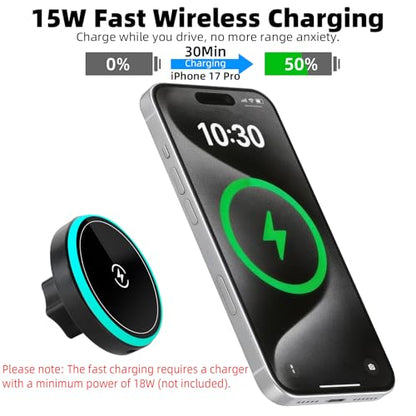 15W Magnetic Wireless Charging Phone Holder with 17mm Ball Socket for MagSafe, Universal Replacement for Car Air Vent, Dashboard, Windshield Phone Holders | Strong Magnet, 360° Rotation - style: Wireless Charging
