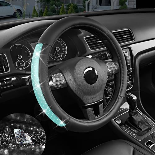 Road Comforts Bling Steering Wheel Cover for Women Girls, Sparkly Rhinestone Leather, Diamond Car Accessories, Anti-Slip Thick Soft Grip, Universal 14.5–15 Inch, for Her - color: Mint