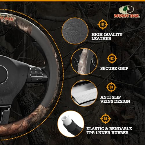 Mossy Oak Full Camo Steering Wheel Cover - Made from Premium Leather, Universal Fit for 14 1/2 to 15 inches - Official Licensed Product - Gray Color - color: Gray