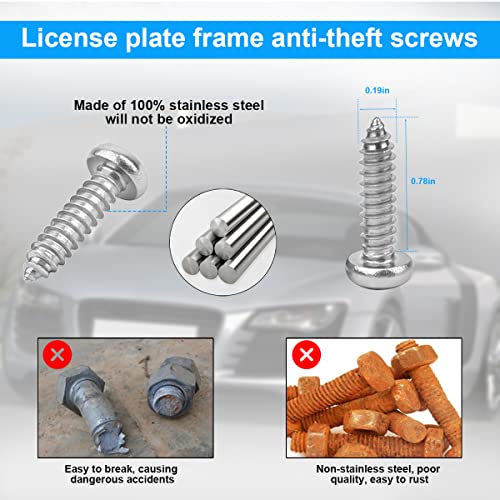 YALOK Anti Theft License Plate Screws Kits- Rustproof Stainless Steel Car Tag Plate Mounting Hardware, M6 (1/4") Tamper Proof Fastener Nut, Caps Cover for Front Rear Frame Holder Mounting（Silver-Set1）