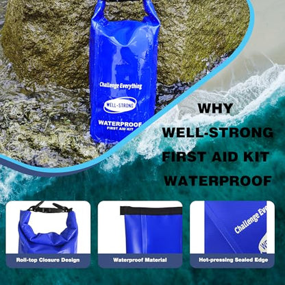 Boat First Aid Kit Waterproof, WELL-STRONG Marine Emergency Kit with Roll Top Dry Bag for Boating Fishing Kayaking – Water-Resistant Contents for Camping & Beach（Blue） - color: Ws011-blue