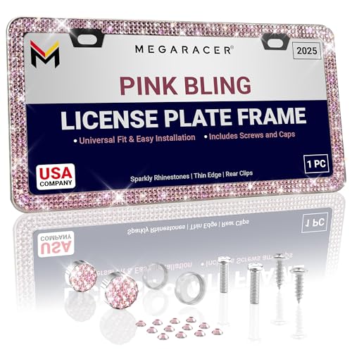 Glamorous Pink Bling License Plate Frame for Women - 1 Piece, 800 Premium Rhinestones, Rust-Free Stainless Steel, Street Legal Slim Design, Sparkly Diamond Car Tag Holder with Glitter Crystal Caps - color: Pink, size: 1 Piece
