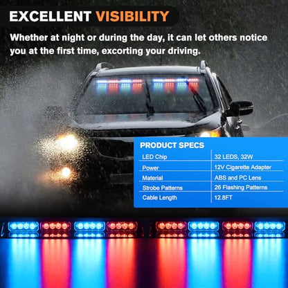 Nilight 32LED Red Blue Emergency Dash Strobe Lights with Controller Suction Cups Warning Hazard Interior Front/Rear Windshield Deck Split Light Bar for Trucks Construction Vehicles - color: Red and Blue