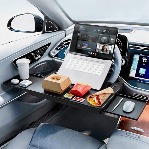 Steering Wheel Tray, Anti-Slip Car Desk for Laptop, Adjustable Car Food Tray with Tablet Holder, Multipurpose Car Tray for Eating, Work, Travel - color: Black