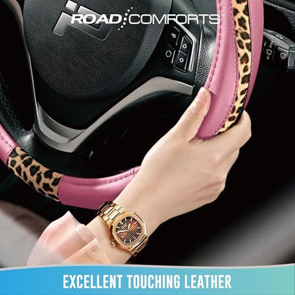 Road Comforts Steering Wheel Cover - Made with PVC Leather and Leopard Fabric - Universal 14 1/2 inches to 15 inches for Most Automotive Steering Wheel - Cheetah Print -Pink - color: Round-Pink