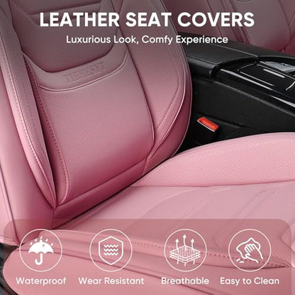 TIEHESYT Pink Car Seat Covers Front Pair, Breathable Leather Automotive Front Seat Covers & Headrest, Auto Seat Cover, Compatible with Most Cars Sedans SUV Pickup Trucks - color: Cute Pink, size: Front Pair