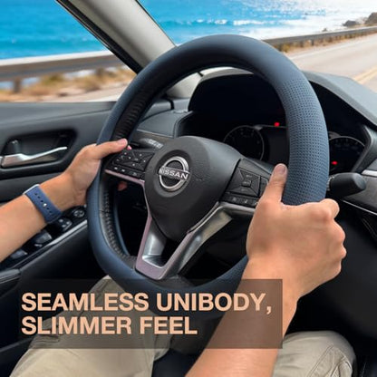 PINCTROT D Shaped Nappa Leather Steering Wheel Cover, Slim Fit No Bulk Design, One Piece Leather with Breathable Perforation, Fit Like Gloves, Flat Bottom 14.5-15 Inch(Nappa Smoky Blue) - color: 03.Smoky Blue, size: D Shaped/Flat Bottom[14 1/2''-15'']