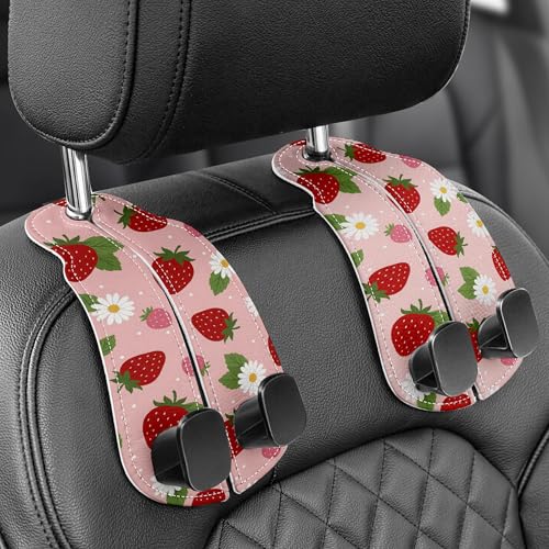 WOCOCN 2 Pack Car Purse Hook for Car Seat Headrest, Double-Sided PrintingPU Leather Purse Holder with Metal Hook, Cute Car Accessories for Women, Men (Car Hook - Strawberry A) - color: Car hook - Strawberry A