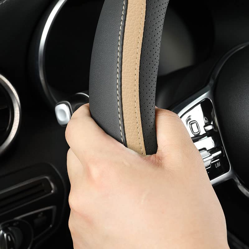 Car Steering Wheel Cover, Leather Steering Wheel Cover Beige Universal 14.5-15 Inch Microfiber Leather Anti-Slip Breathable Auto Steering Wheel Covers for Men Women (Black&Beige) - color: Beige