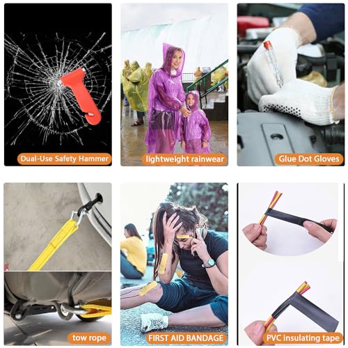 LIANXIN Car Roadside Emergency Kit, with Jumper Cables Automotive Kit,Car Safety Roadside Assistance Kit Headlamp,Tow Straps, Safety Hammers, Rainwear, Gloves.Black - color: Black