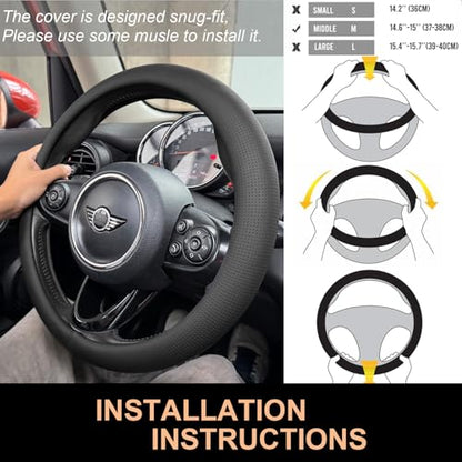 PINCTROT Nappa Leather Steering Wheel Cover, Slim Fit No Bulk Design, One Piece Leather with Breathable Perforation, Fit Like Gloves, Universal 14.5-15 Inch(Nappa Black) - color: 01.Black, size: Medium(Standard) Size[14 1/2''-15'']