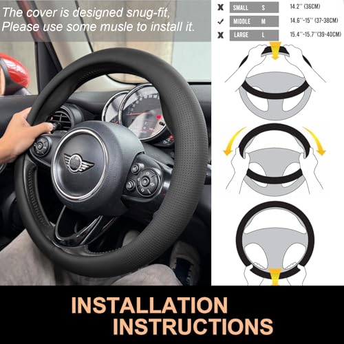 PINCTROT Nappa Leather Steering Wheel Cover, Slim Fit No Bulk Design, One Piece Leather with Breathable Perforation, Fit Like Gloves, Universal 14.5-15 Inch(Nappa Black) - color: 01.Black, size: Medium(Standard) Size[14 1/2''-15'']