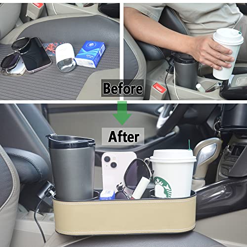 Car Cup Holder Expander Organizer,Multifunctional Cup Drink Holders with PU Leather Cover,Side Insert Center Console Seat Gap Filler Storage Box for Mug Bottle CellPhones Keys Coffee Coasters Cards - color: Thin Beige