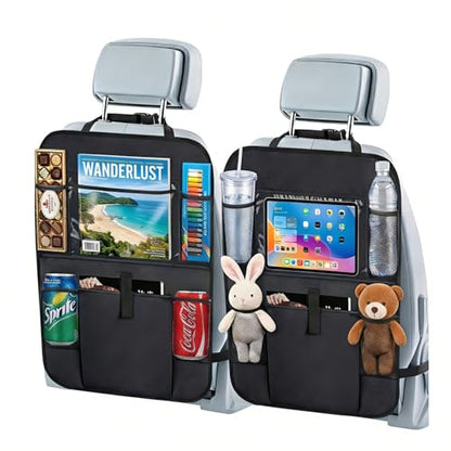 Car Backseat Organizer with 12 Storage Pockets, 12" Touch Screen Tablet Holder, Waterproof Kick Mats Seat Protector, Car Organizers and Storage for Kids, Road Trip Essentials（2 Pack，Black）