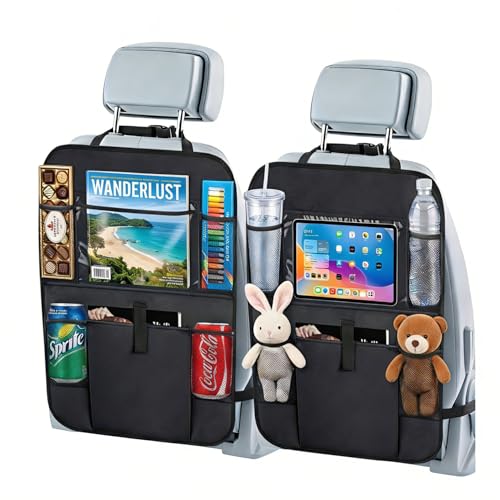 Car Backseat Organizer with 12 Storage Pockets, 12" Touch Screen Tablet Holder, Waterproof Kick Mats Seat Protector, Car Organizers and Storage for Kids, Road Trip Essentials（2 Pack，Black）