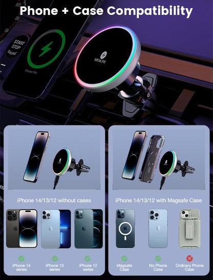 MOKPR for Magsafe Car Mount Charger-15W Wireless Car Charger-Magnetic Car Phone Holder for Dash Air Vent-LED RGB HandsFree Car Mount Fast Car Charger for iPhone 15/14/13/12 Series Silver - color: Silver