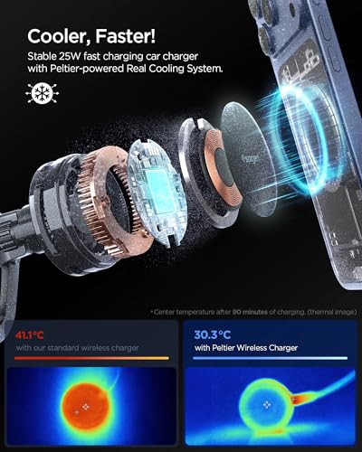 Spigen Cryomax MagFit Qi2.2 25W MagSafe Car Mount Wireless Charger [Ultra-Fast Charging Function w/Active Peltier Cooling] (Requires 45W Charging Adapter) Compatible with iPhone 17 16 15 14 13 Series - size: 25W Qi 2.2 Peltier Cooling