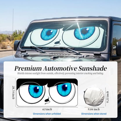 63"x28.5" Car Windshield Sun Shade with Storage Pouch, Stylish Printed Front Window Sunshade with Double Ring Frame, Universal Fit Foldable Heat Blocker & UV Protector for SUV, Sedan (Eyes) - color: Eyes