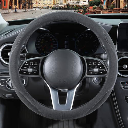 Gray Faux Suede Steering Wheel Cover, Breathable Non-Slip Sweat-Proof Wear-Resistant No Pilling, Warm in Winter and Cool in Summer, Universal 15 inch - color: Gray, size: Round-M[14.5''-15'']