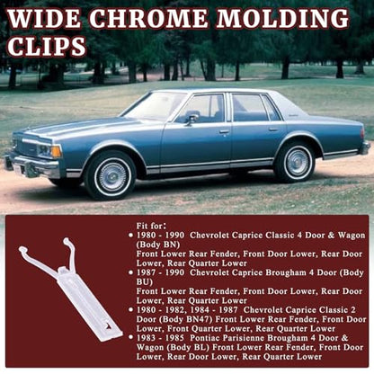 Wide Chrome Molding Clips Fender Door Quarter Trim Molding Clip Retainer Compatible with 1980-1990 Chevrolet Caprice Classic Brougham Replaces GM Part 20631034 Direct Replacement 5 Pcs