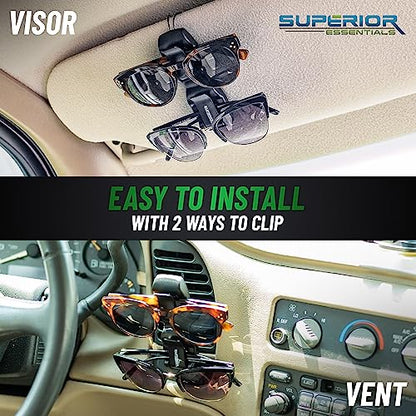Superior Essentials Sunglass Holder for Car Visor - Eyeglass Car Mount with Double-Ends Sunglasses Holder Organizer, Universal Car Sunglass Holder Clip, Suitable for All Size Eyeglasses (2 Pack Black - size: 2 PC