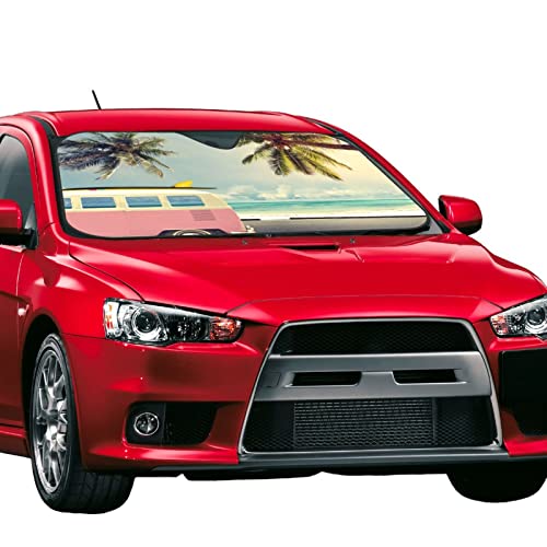 Beach Car Windshield Sunshade Foldable Sun Visor Front Window Sun Shade Cover For Car Truck Suv 55x29.9 Inches - color: Beach Car