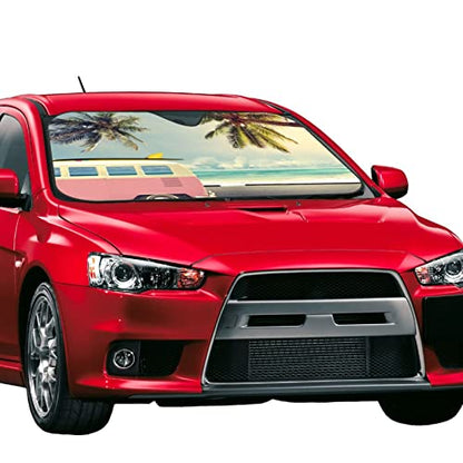 Beach Car Windshield Sunshade Foldable Sun Visor Front Window Sun Shade Cover For Car Truck Suv 55x29.9 Inches - color: Beach Car
