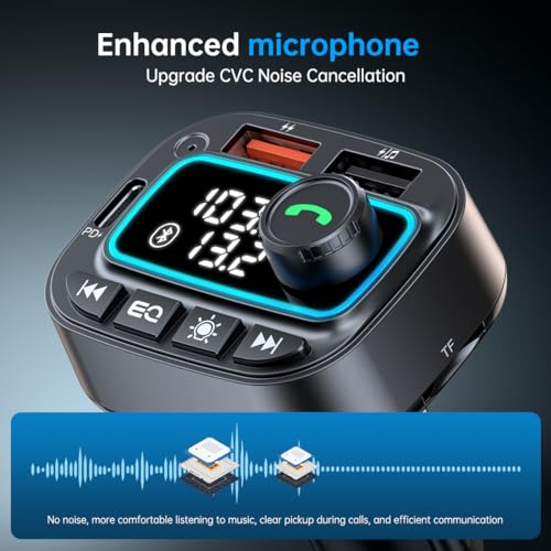 Bluetooth 5.3 Car Adapter FM Transmitter, 42W (PD30W & 12W) USB C Car Charger Wireless Radio Receiver, Hands-Free Calling MP3 Audio Player Cars Kit, Light Switch & Fast Charging & Deep Bass (Black)