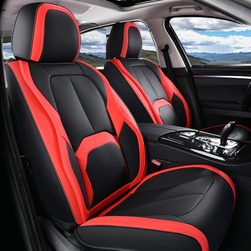 Coverado Seat Covers, Car Seat Covers Front Seats, 2 Pack Black and Red Leather Seat Covers, Waterproof Car Seat Protector with Lumbar Support, Front Seat Covers Universal Fit for Most Cars - color: A-Patchwork-Black&Red, size: Front