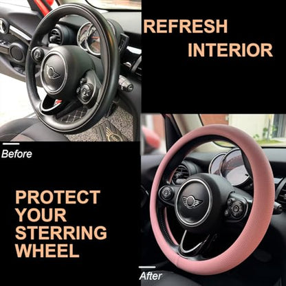 PINCTROT Large Size Nappa Leather Steering Wheel Cover, Slim Fit No Bulk Design, One Piece Leather with Breathable Perforation, Fit Like Gloves, 15.5-15.75 Inch(Nappa Pink) - color: 04.Pink, size: Large Size[15 1/2''-15 3/4'']