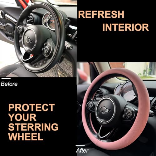 PINCTROT Large Size Nappa Leather Steering Wheel Cover, Slim Fit No Bulk Design, One Piece Leather with Breathable Perforation, Fit Like Gloves, 15.5-15.75 Inch(Nappa Pink) - color: 04.Pink, size: Large Size[15 1/2''-15 3/4'']
