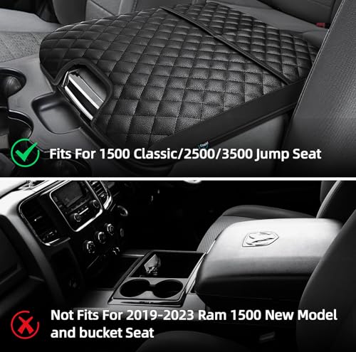 Center Console Cover Compatible with 2013-2018 Dodge Ram 1500 & 2013-2024 Ram 2500/3500/1500 Classic Model for Jump Seat Console, Comfortable Leather Middle Console Cover Lid with Pocket - style: A: Jump Seat Console 2013-2018 Ram Black Leather（with 2 Fro
