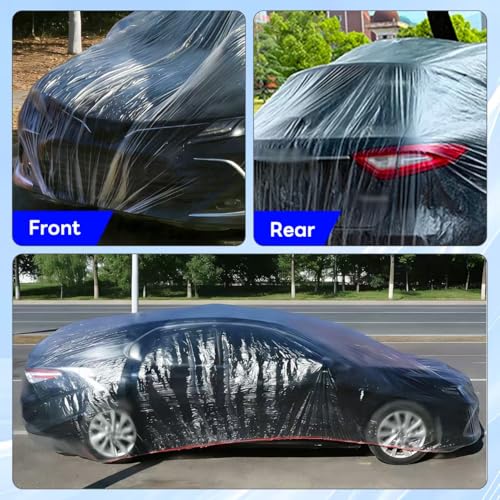 2 Pack Disposable Car Cover Clear Plastic Car Cover Universal Rain Dust Garage Cover with Elastic Band Medium (12.4 FT x 21.6 FT)